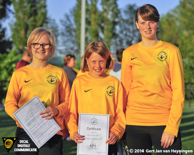 De talentvolle jeugdige doelvrouwen. Van links naar rechts; Yvonne Ravensbergen van Rijnsburgse Boys, Daisy Hoogendoorn van Hazerswoudse Boys en Leonie Warmenhoven van FC Rijnvogels.