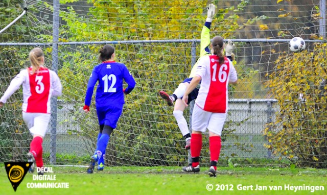 RCL - Buitenveldert. Met een schitterende curve verdwijnt de vrije trap van Buitenveldert spits Lieselotte Wels stijf onder de lat in de touwen. Brengt daarmee Buitenveldert op op 1-3 voorsprong in het Topklasse duel tegen RCL in Leiderdorp.