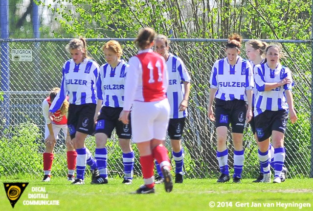 Bo Verduijn van IJzendijke (rechts) heeft net de tweede treffer voor IJzendijke in de touwen geschoten tegen RCL.