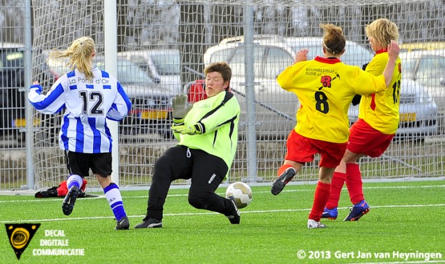  Kylie van de Velde van IJzendijke op weg naar de 0-3. Sluitpost Linda Schiebroek, Marga de Blanken en Kirsty Splinter van Zevenhoven geheel kansloos.